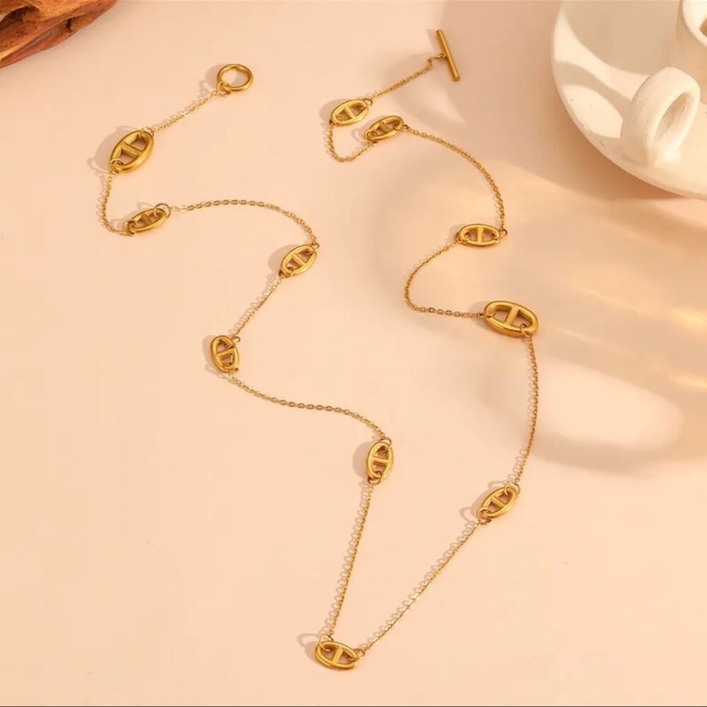 Gold Pig Nose Multilayer Necklace Bracelet Set Stainless Steel Gold Plated - Picture 11 of 12